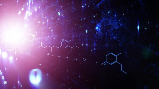 Chemical hexagon bonds and digital network shiny binary data background.
