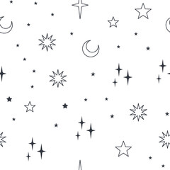 Stars seamless pattern with sun, moon. Mystical esoteric background for astrology design. Cosmos and space texture background.