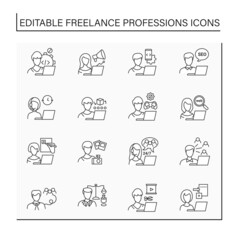 Freelance professions line icons set. Distance jobs. Online work. Careers concept, Isolated vector illustration. Editable stroke