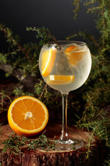 Gin and Tonic cocktail with orange and thyme.