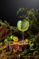 Gin and Tonic cocktail with lime and mint.