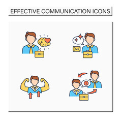 Effective communication color icons set. Emotional intelligence, self confidence, clear message, exchanging information. Intercourse concept. Isolated vector illustrations