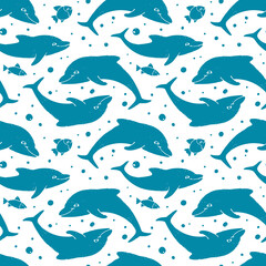 Cute seamless pattern in three color options. Hand drawn textured seahorse, fish, whale, starfish and shell. Vector shabby underwater world  illustration