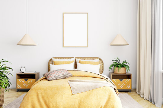 Frame mockup bedroom in boho style
