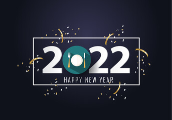 Happy new year 2022. Year 2022 with restaurant, fork and knife icon
