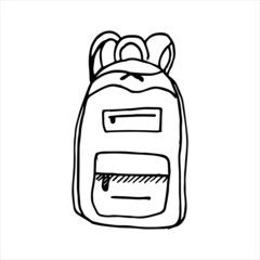 Hand drawn sketch backpack - for school and university or camping. Isolated on white background. Sketch of a rucksack.