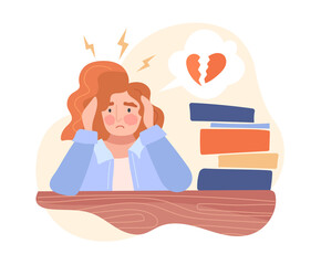Bad mood due to breakup of relations. Frustrated woman with broken heart sitting at table. Stress, depression and mental illnesses. Cartoon flat vector illustration isolated on white background