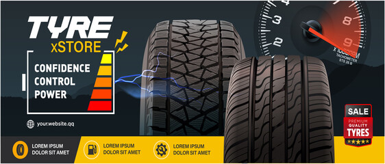 Tyre Store Banner Design. Confidence, Control, Power.  Tires Car Black Rubber Tyre. Realistic Vector Shining Disk Car Wheel Tyre. Information. Landscape Poster, Flyer, Booklet, Brochure, Web Design.