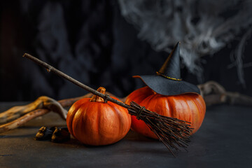 Halloween concept: mystical witch background. A decorative Halloween photo with a hat, witch shoes,...
