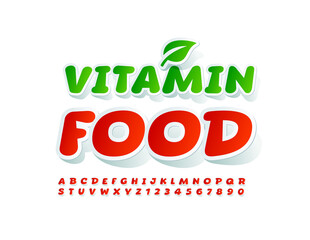 Vector bright Banner Vitamin Food. Modern Red Font. Artistic Alphabet Letters and Numbers set