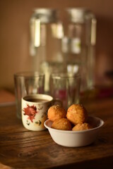Fresh Cheese Balls and Hot Cup Of Tea. Food Photography