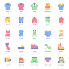 Fashion and Clothes icon pack for your website design, logo, app, UI. Fashion and Clothes icon flat design. Vector graphics illustration and editable stroke.