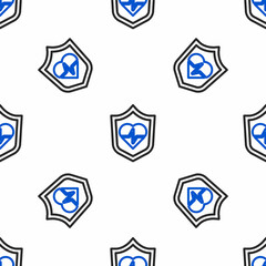 Line Life insurance with shield icon isolated seamless pattern on white background. Security, safety, protection, protect concept. Colorful outline concept. Vector