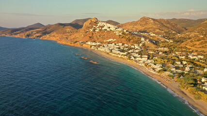 Aerial drone photo of breathtaking and picturesque main village of Skyros island featuring uphill medieval castle with scenic views to Aegean sea at sunset, Sporades islands, Greece