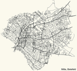 Fototapeta na wymiar Detailed navigation urban street roads map on vintage beige background of the quarter Mitte district of the German regional capital city of Bielefeld, Germany