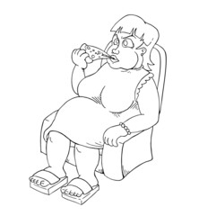 Woman eating pizza to coloring