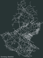 Detailed negative navigation urban street roads map on dark gray background of the quarter Dornberg district of the German regional capital city of Bielefeld, Germany