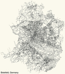 Detailed navigation urban street roads map on vintage beige background of the German regional capital city of Bielefeld, Germany