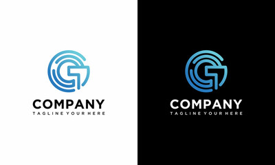 Abstract circle line art logo. letter G tech logo template on a black and white background.