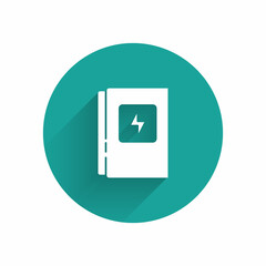 White Electrical panel icon isolated with long shadow. Green circle button. Vector