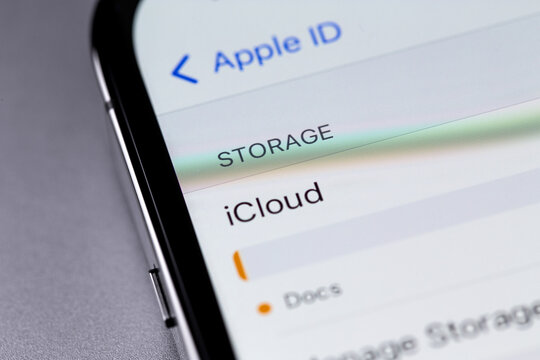 iPhone settings - iCloud storage and Apple ID on screen closeup. iCloud is a push-enabled internet service created by Apple. Moscow, Russia - August 17, 2020