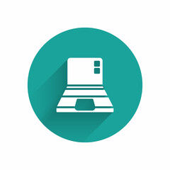 White Laptop icon isolated with long shadow. Computer notebook with empty screen sign. Green circle button. Vector