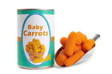 A fake generic labelled food can of peeled baby carrots with a kitchen scoop of carrots beside it...