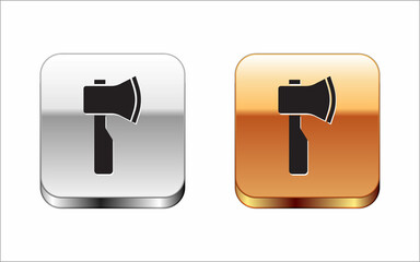 Black Wooden axe icon isolated on white background. Lumberjack axe. Silver-gold square button. Vector