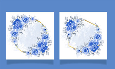Golden circle blue rose floral frame vector design