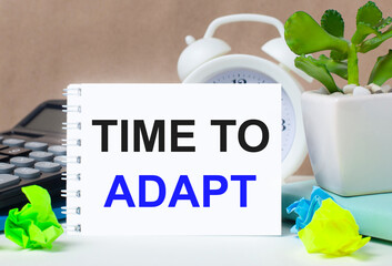 Flower in a pot, calculator, white alarm clock, multi-colored pieces of paper and a white notebook...