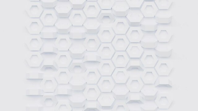 Geometric mosaic grid abstract seamless looping white background with hexagon rotating shape, 3d render creative motion design, wallpaper with honeycomb pattern