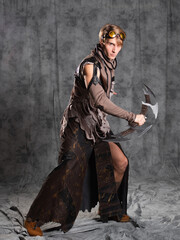 Naklejka premium Steampunk or post-apocalyptic style character, with an unusual cold weapon