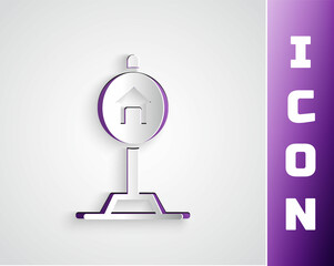 Paper cut Hotel sign for traffic icon isolated on grey background. Paper art style. Vector