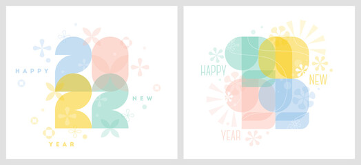 Happy New Year 2022. Pastel colored numbers with geometric flowers and abstract floral decor on white background. Elegant vector illustration for beauty clinic or fashion studio calendar cover