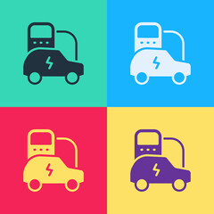 Plakat Pop art Electric car and electrical cable plug charging icon isolated on color background. Renewable eco technologies. Vector