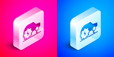 Fototapeta premium Isometric Electric car service icon isolated on pink and blue background. Renewable eco technologies. Silver square button. Vector