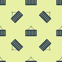 Blue Container on crane icon isolated seamless pattern on yellow background. Crane lifts a container with cargo. Vector