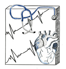 Graphic hand drawn ink illustration of health care about cardiovascular system. Demonstration of heart pressure and cardiogram. Medical poster, print, illustration.