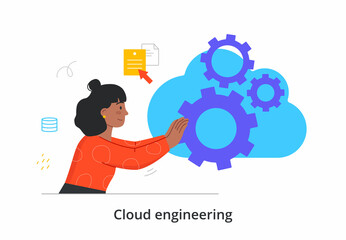 Cloud Engineering. Woman sets up digital server for storing and transmitting data over Internet. Launching shared information repository. Cartoon flat vector illustration isolated on white background