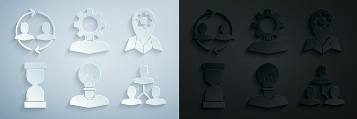 Set Human head with lamp bulb, Location job, Old hourglass flowing sand, Project team base, gear inside and resources icon. Vector