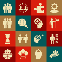 Set Project team base, User of man in business suit, Man holding flag, Piece puzzle, Users group, and Human head with gear inside icon. Vector