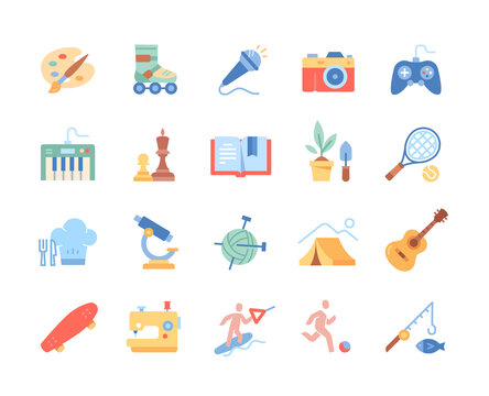Set of colorful hobbies icons. Modern stickers with roller skates, fishing, camping and microscope. Design elements for social networks. Cartoon flat vector collection isolated on white background