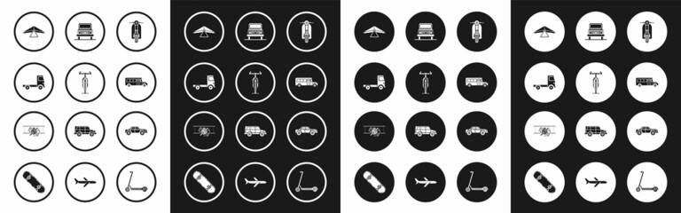 Set Scooter, Bicycle, Delivery cargo truck vehicle, Hang glider, School Bus, Car, Sedan and Old retro vintage plane icon. Vector