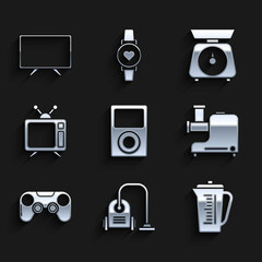 Set Music player, Vacuum cleaner, Measuring cup, Kitchen meat grinder, Gamepad, Television, Scales and Smart Tv icon. Vector