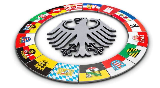Bundesadler mit Flaggen der 16 deutschen Bundesländer und Stadtstaaten