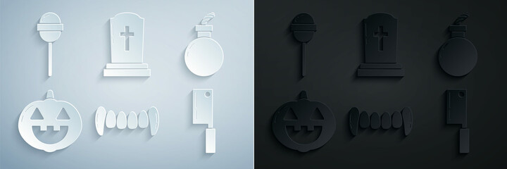 Set Vampire teeth, Bomb ready to explode, Pumpkin, Meat chopper, Tombstone with cross and Lollipop icon. Vector