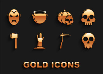Set Zombie hand, Skull, Scythe, Wooden axe, Pumpkin skull, Vampire and Halloween witch cauldron icon. Vector