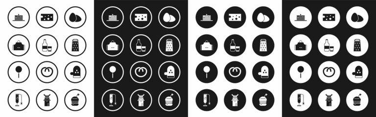 Fototapeta premium Set Chicken egg, Glass bottle with milk and glass, Kitchen apron, Stack of pancakes, Grater, Cheese, Oven glove and Frying icon. Vector