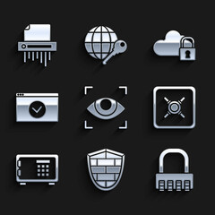 Set Eye scan, Shield with cyber security brick wall, Safe combination lock, Secure your site HTTPS, SSL, Cloud computing and Paper shredder confidential icon. Vector