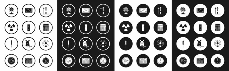 Set Glass test tube flask on fire heater, Battery, Radioactive, Earth globe, Calculator, Computer monitor with cardiogram, Solar system and Syringe icon. Vector